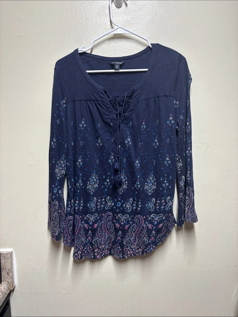 Lucky brand navy Blue Boho Paisley Tassel Tie Peasant Top Size M 3/4 sleeve - Picture 2 of 8